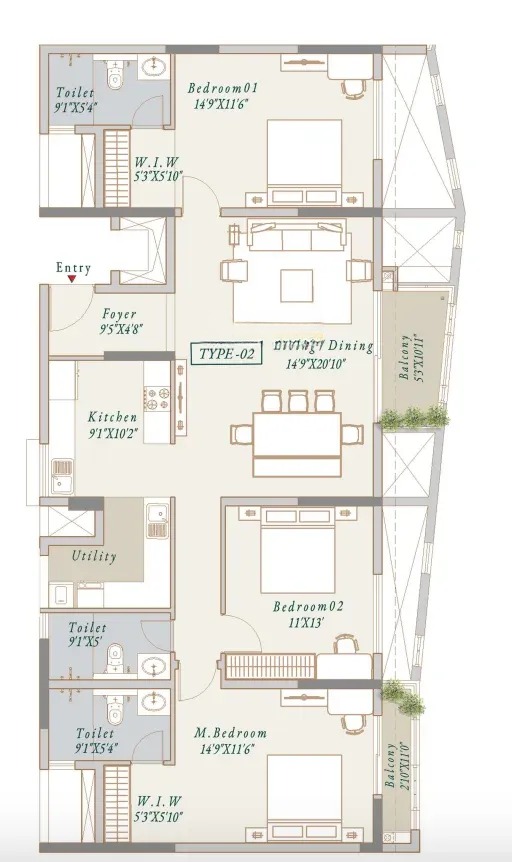 3BHK floor plan, Visista by Vista Spaces