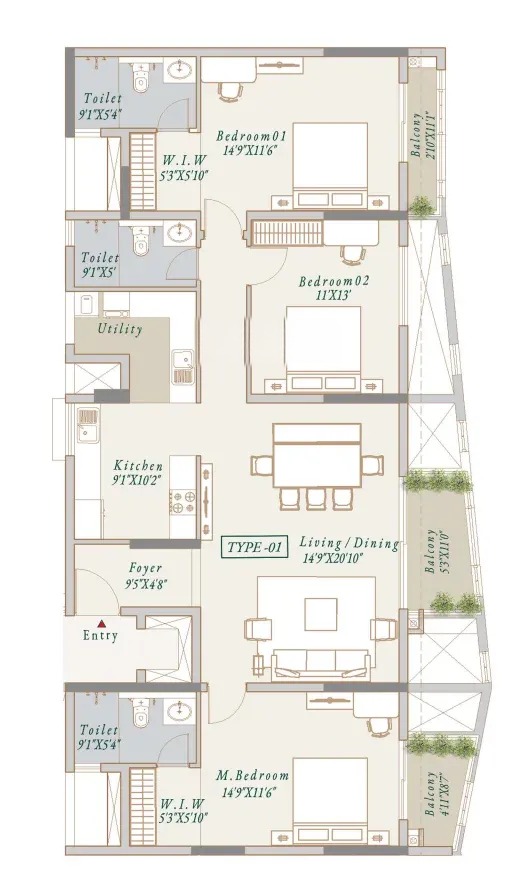 3BHK floor plan, Visista by Vista Spaces