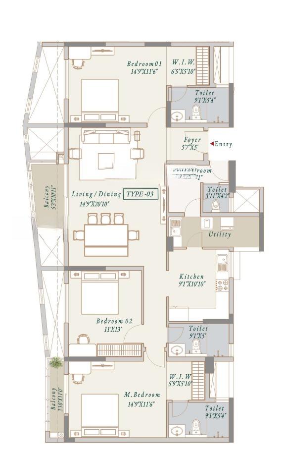 3BHK+Maid floor plan, Visista by Vista Spaces