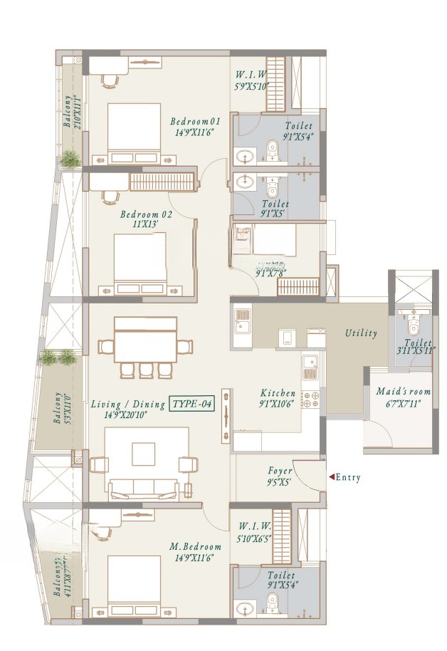 3BHK+Maid floor plan, Visista by Vista Spaces
